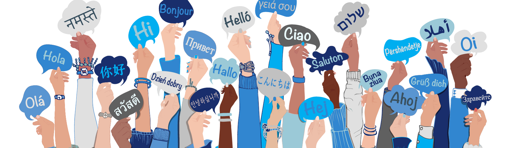 hands holding word bubbles with translations of hello in world languages